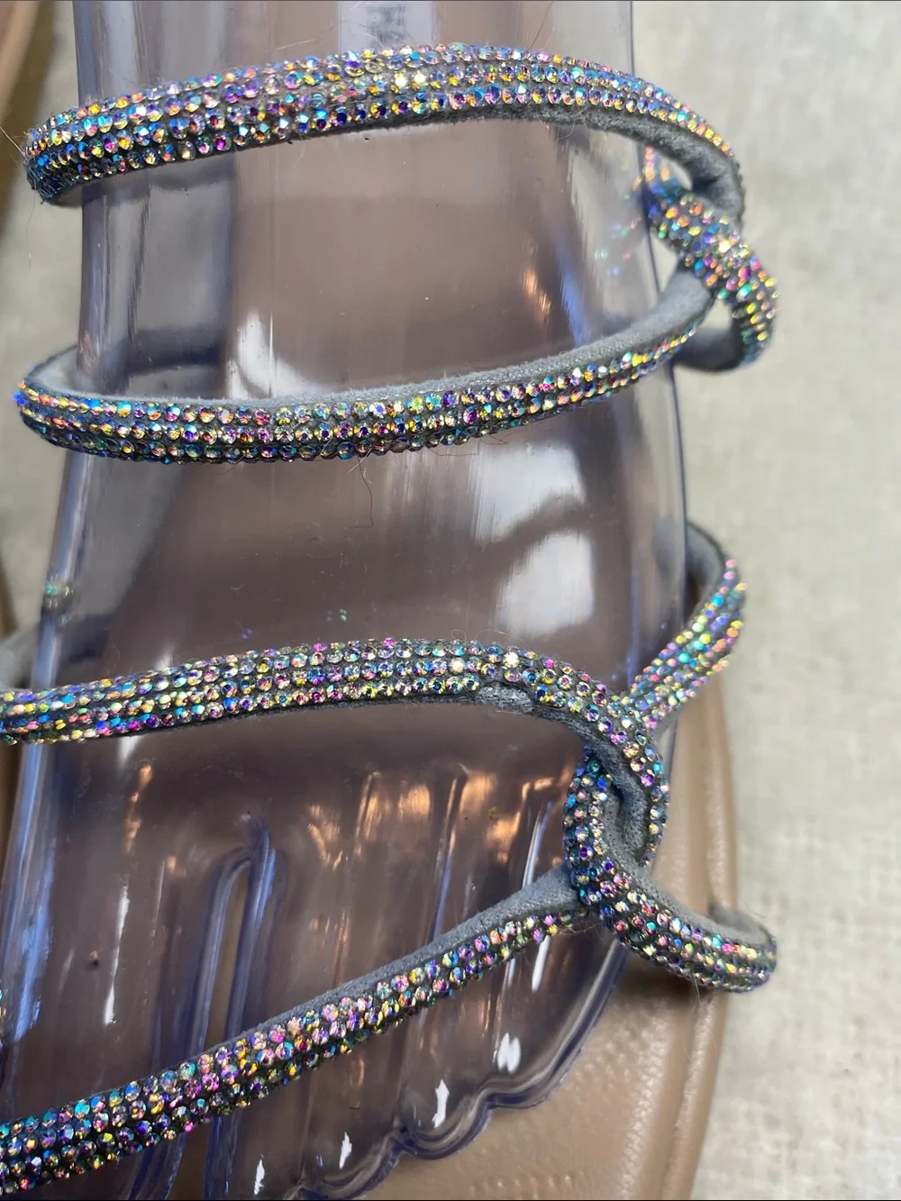 Steve Madden Tan Slide Sandals with Iridescent Beaded Straps